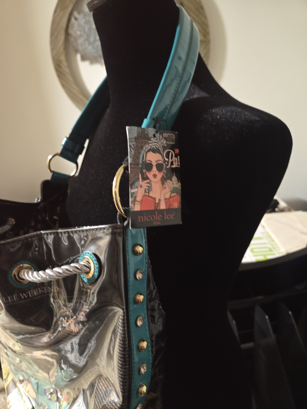 Nicole Lee Teal Graphic Drawstring Bucket Bag - Picture 3 of 7